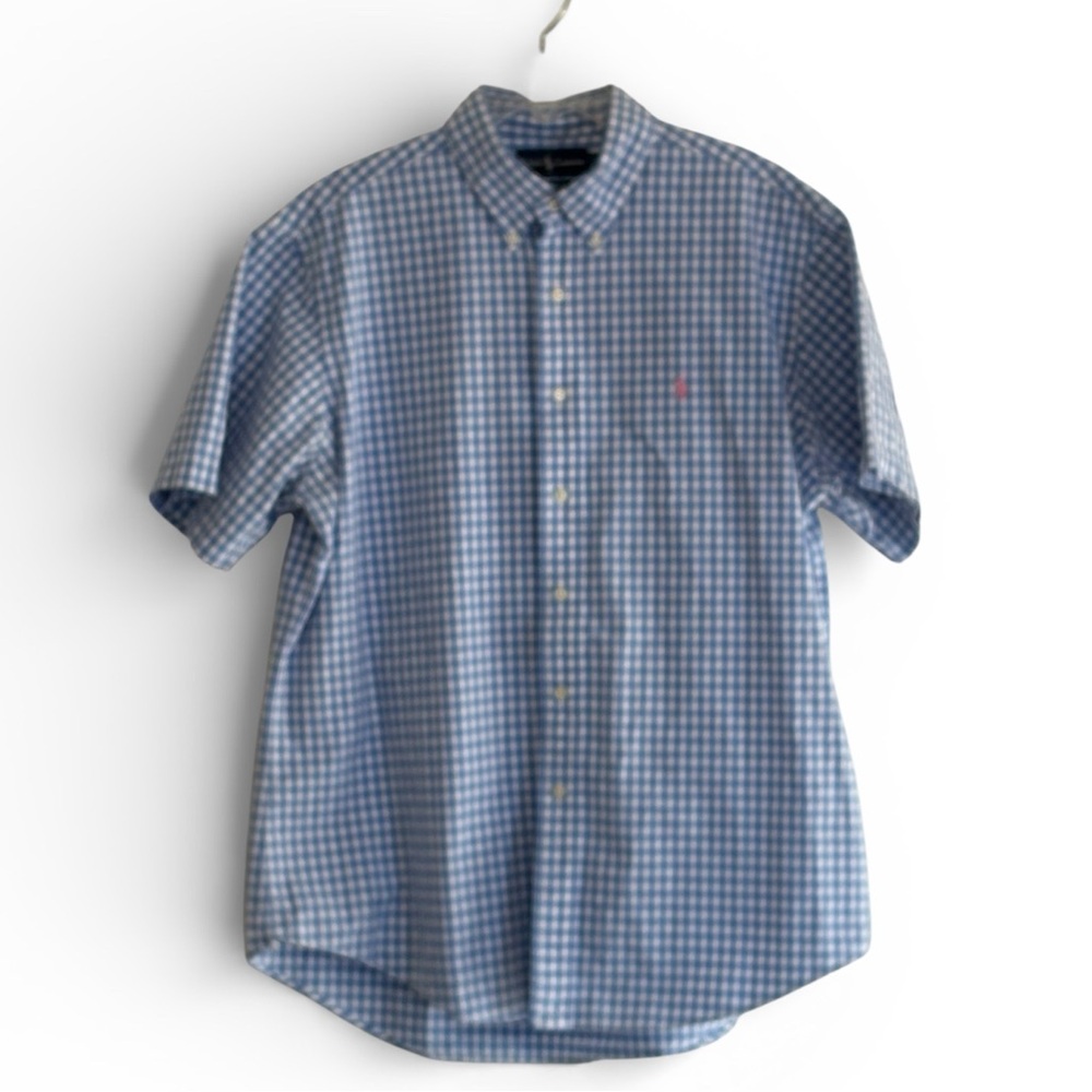 Vintage Ralph Lauren Light Blue Gingham Pink Pony Men's Short Sleeve Shirt - XL